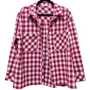 eesome | Medium | Women's Gingham Plaid Red Button-Down Blouse with Pockets